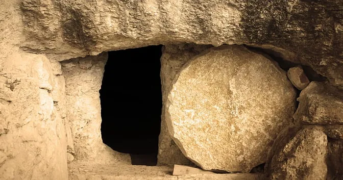 The tomb of Yeshu showing the stone rolled away